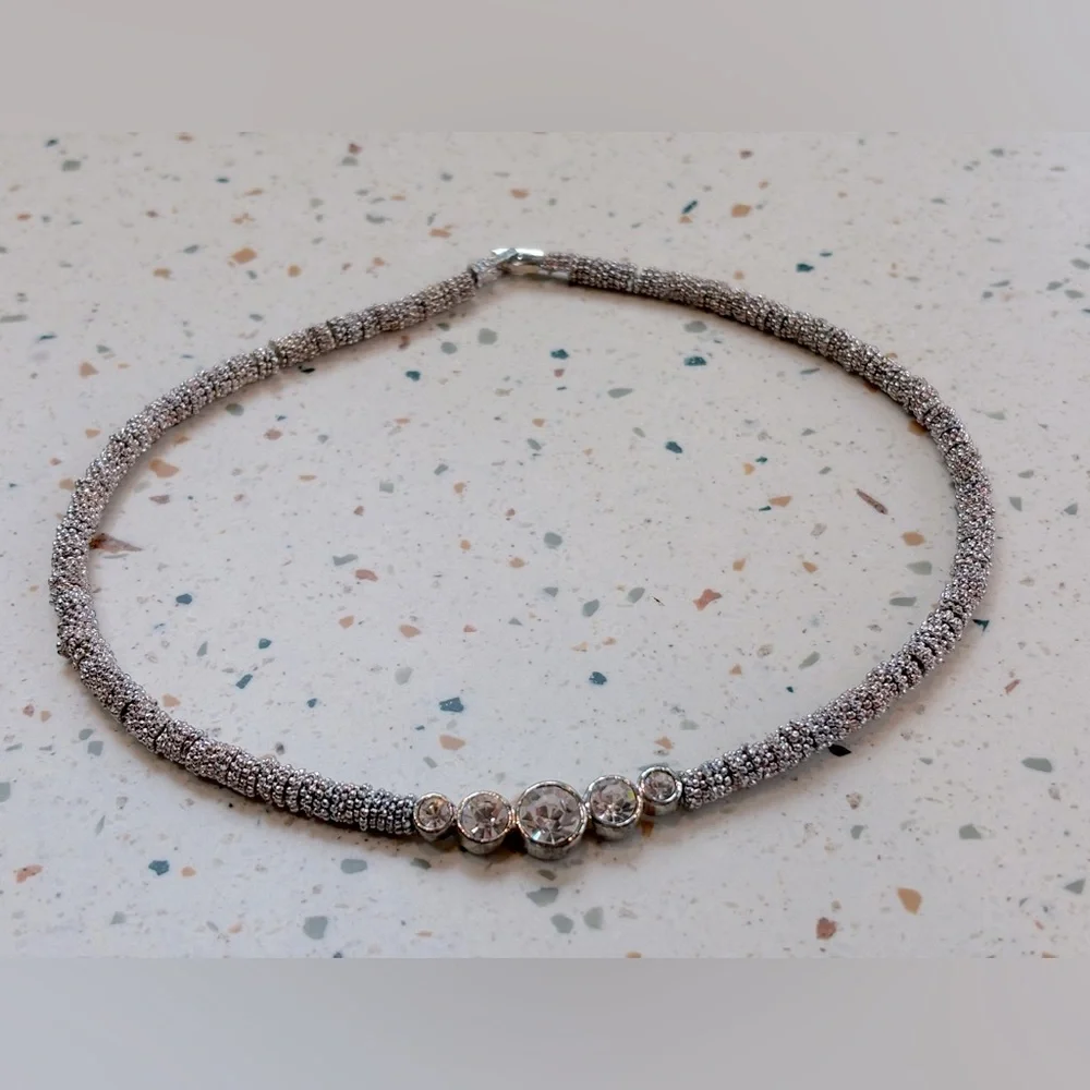 Choker Mesh Bead Silver‎ Tone Crystal Pendant Necklace